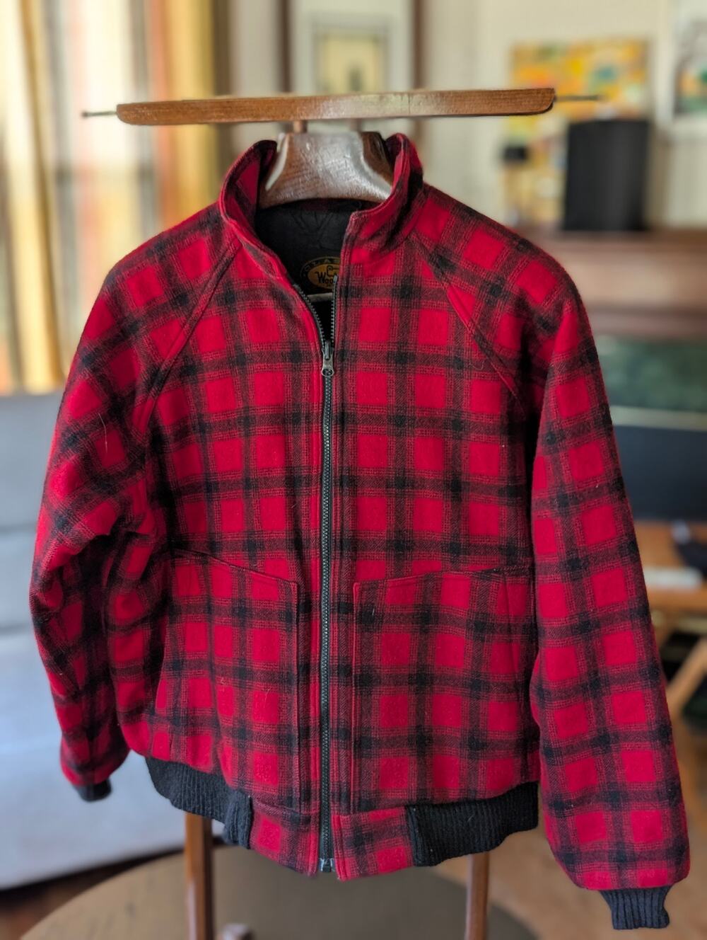 Vintage Woolrich Classic Red Black Plaid Wool Bomber Jacket Made in Italy Size M
